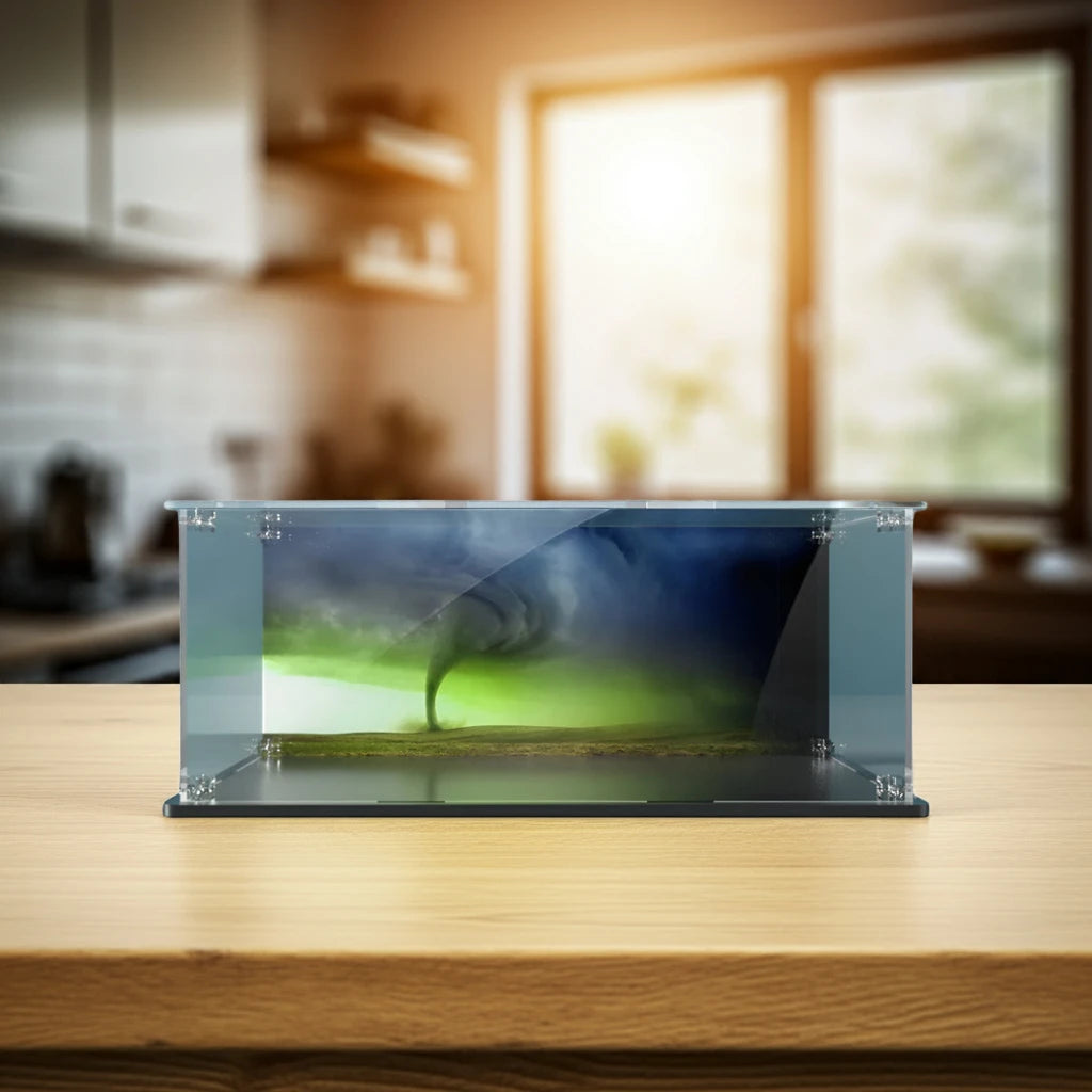 Premium acrylic LEGO® display case showcasing a modular building set, designed for dust protection and clear visibility