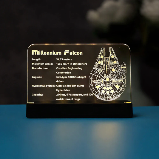Millennium Falcon LED nameplate with specifications on a dark background