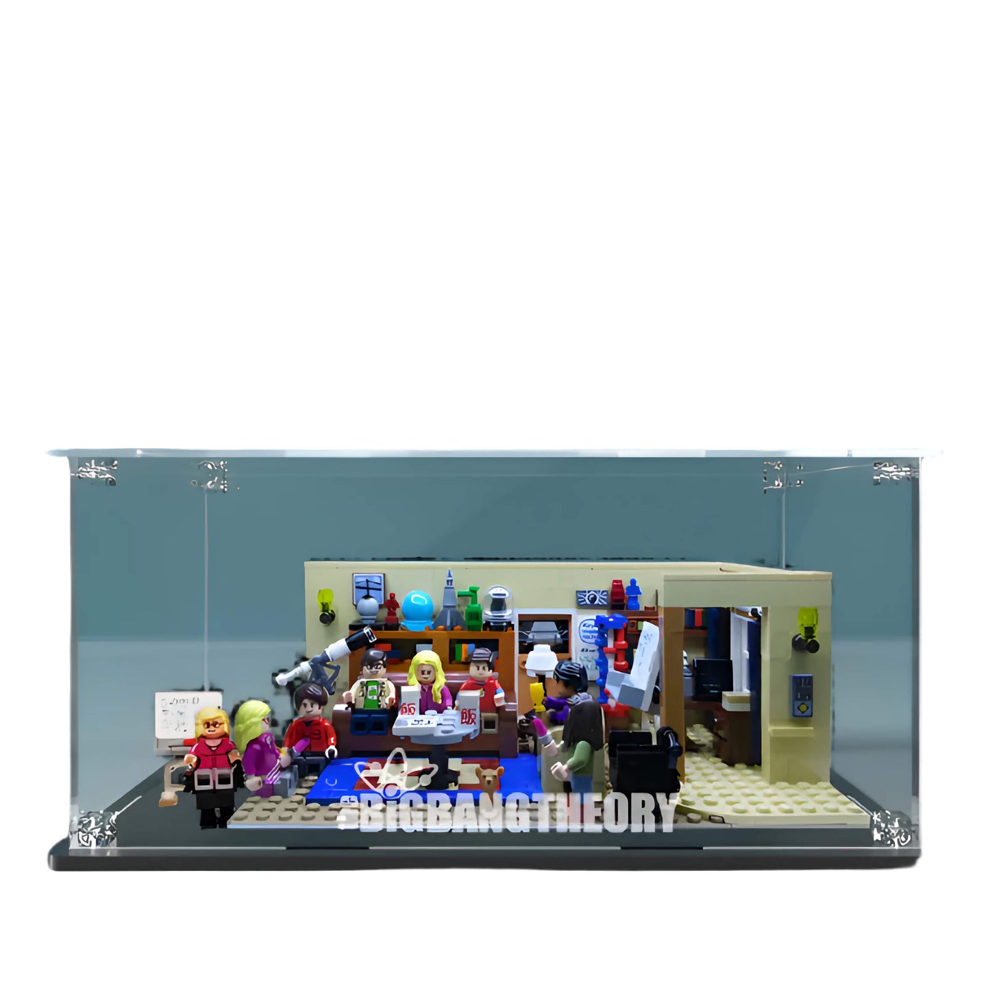 LEGO The Big Bang Theory display case featuring set 21302 with detailed apartment background