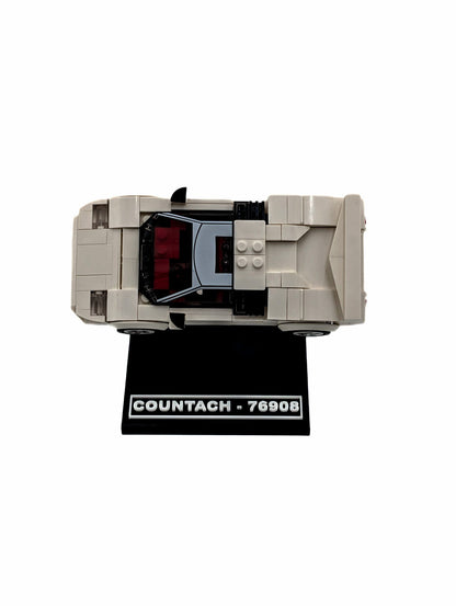 LEGO® Lamborghini Countach 76908 displayed on a black display stand, front view