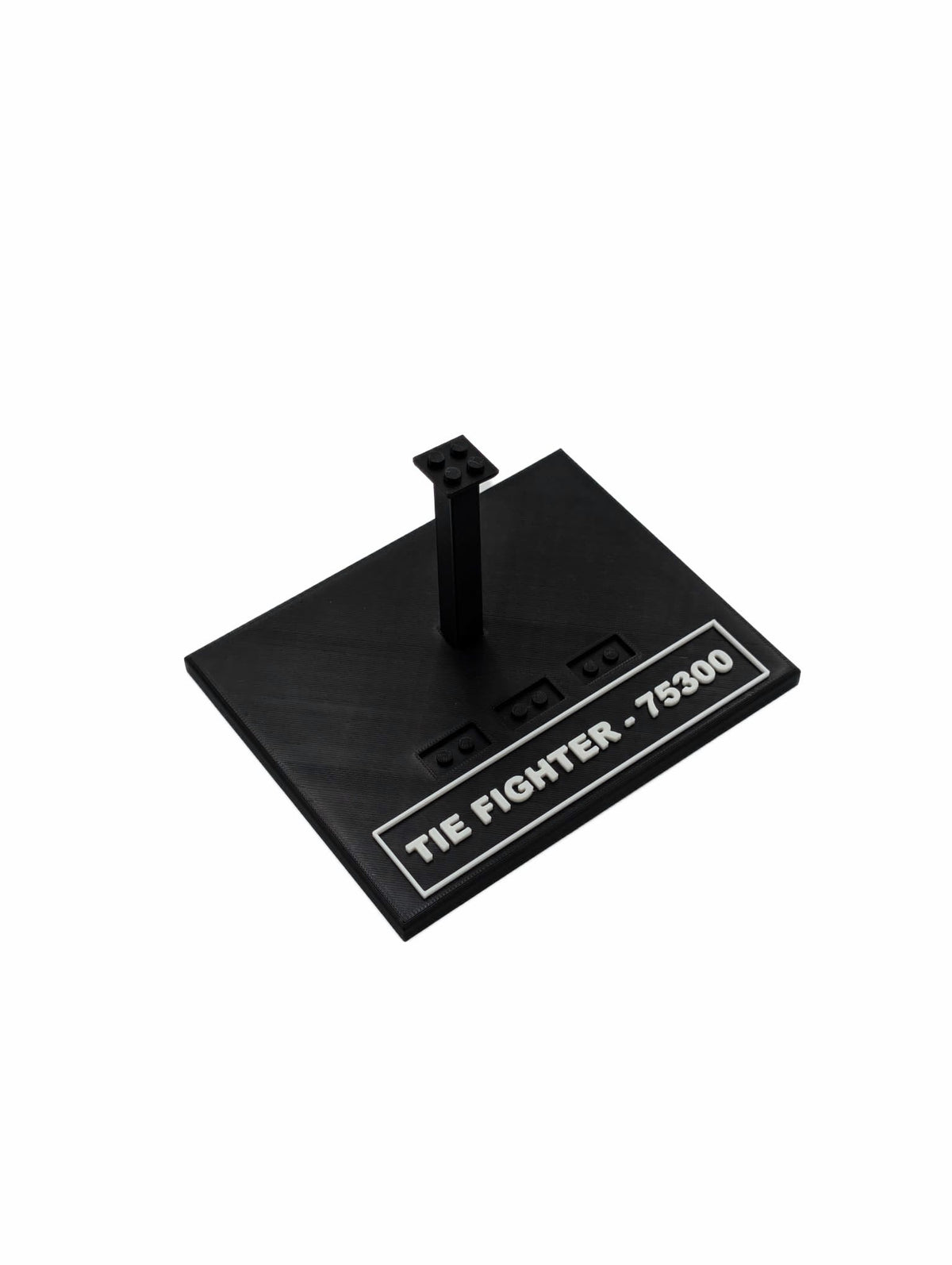 Black display stand for LEGO® Tie Fighter 75300, angled view without the model