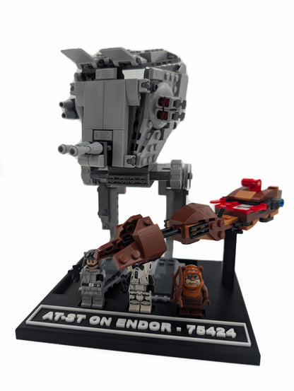 LEGO® Star Wars AT-ST Attack on Endor 75424 displayed on a black display stand, side view