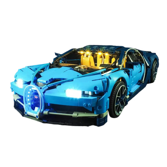 Front view of LEGO® Bugatti Chiron (42083) with LED light kit – illuminating headlights and sleek aerodynamic design