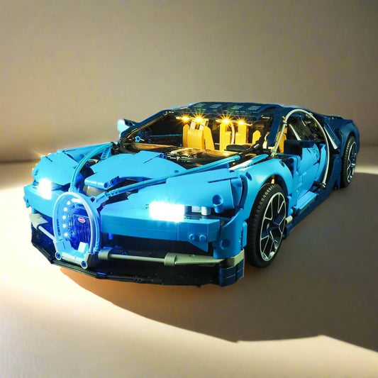Front view of LEGO® Bugatti Chiron (42083) with LED light kit – illuminating headlights