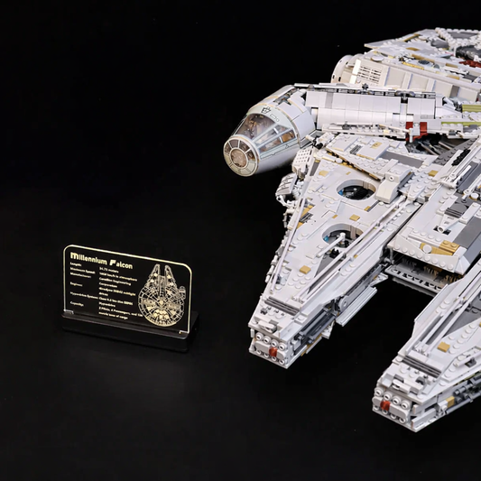 Millennium Falcon LED nameplate displayed with the Millennium Falcon model