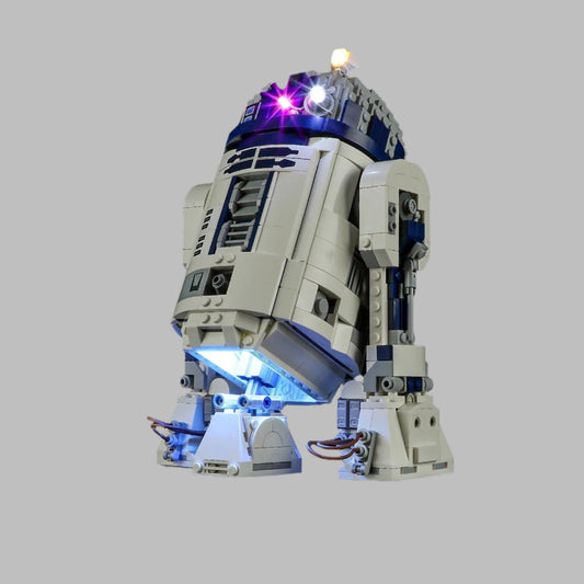 Front view of LEGO® R2-D2 (75379) with LED light kit – glowing dome and illuminated details