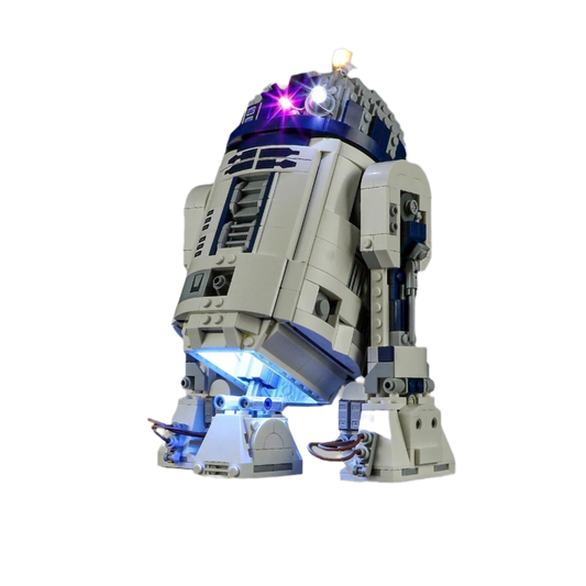 LEGO R2-D2 Star Wars model with LED light kit installed, front view demonstration set 75379
