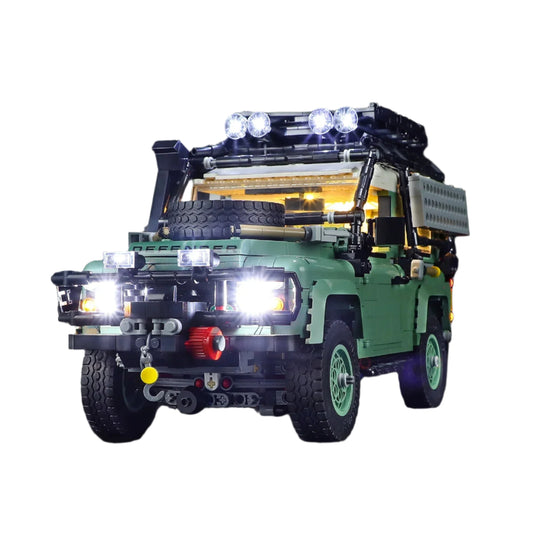 LEGO Land Rover Defender Classic model with LED light kit installed, main display view.