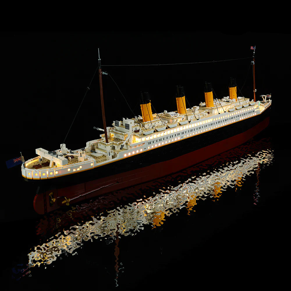 Model of the LEGO Titanic with detailed superstructure on a dark background with light kit installed